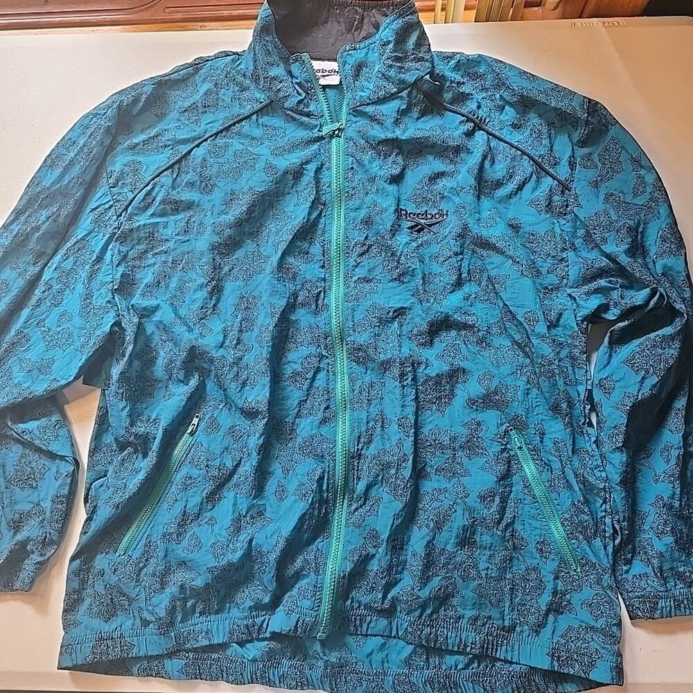 VINTAGE Reebok Windbreak Jacket Mens Large Teal Black Leaf Leaves All Over Print